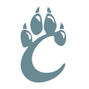 Paw print graphic with a stylized letter "C."