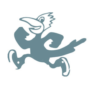 Cartoon bird character running enthusiastically.