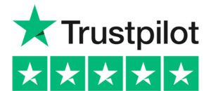 Trustpilot logo with five stars rating.