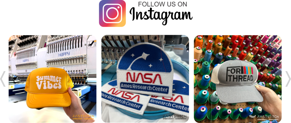 Embroidery machines and custom caps displayed.