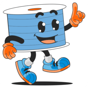 Cheerful cartoon spool with sneakers and gloves.