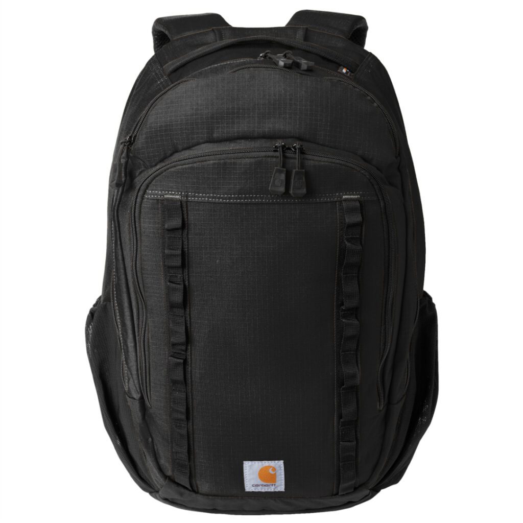 Black backpack with multiple compartments and straps.
