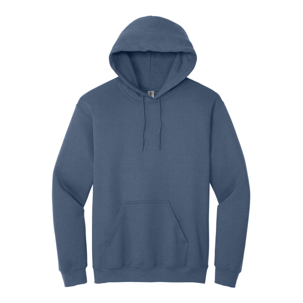 Blue hooded sweatshirt on a plain background.