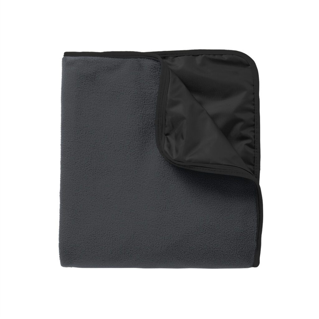 Gray fleece blanket with black trim.