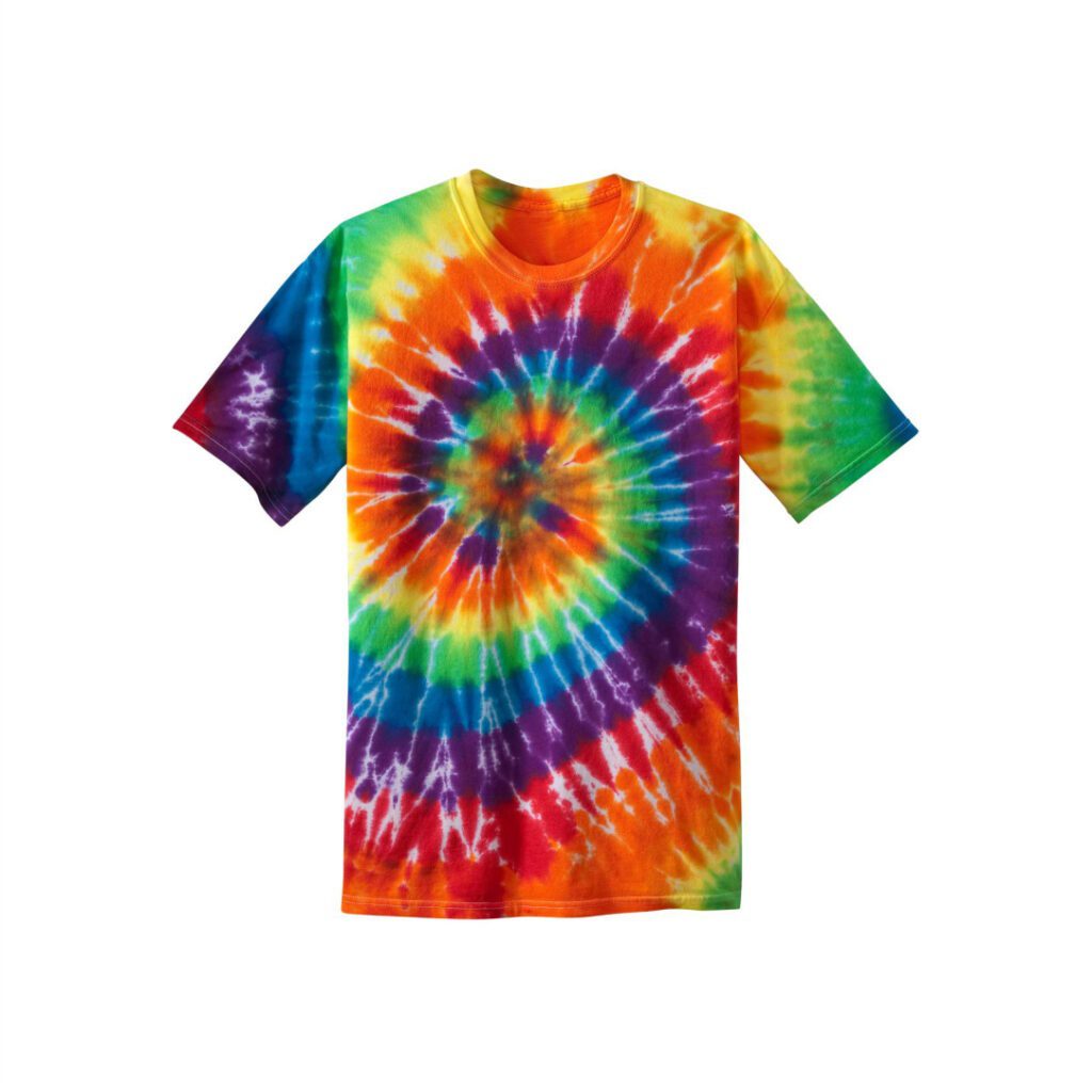 Colorful tie-dye t-shirt in spiral pattern.