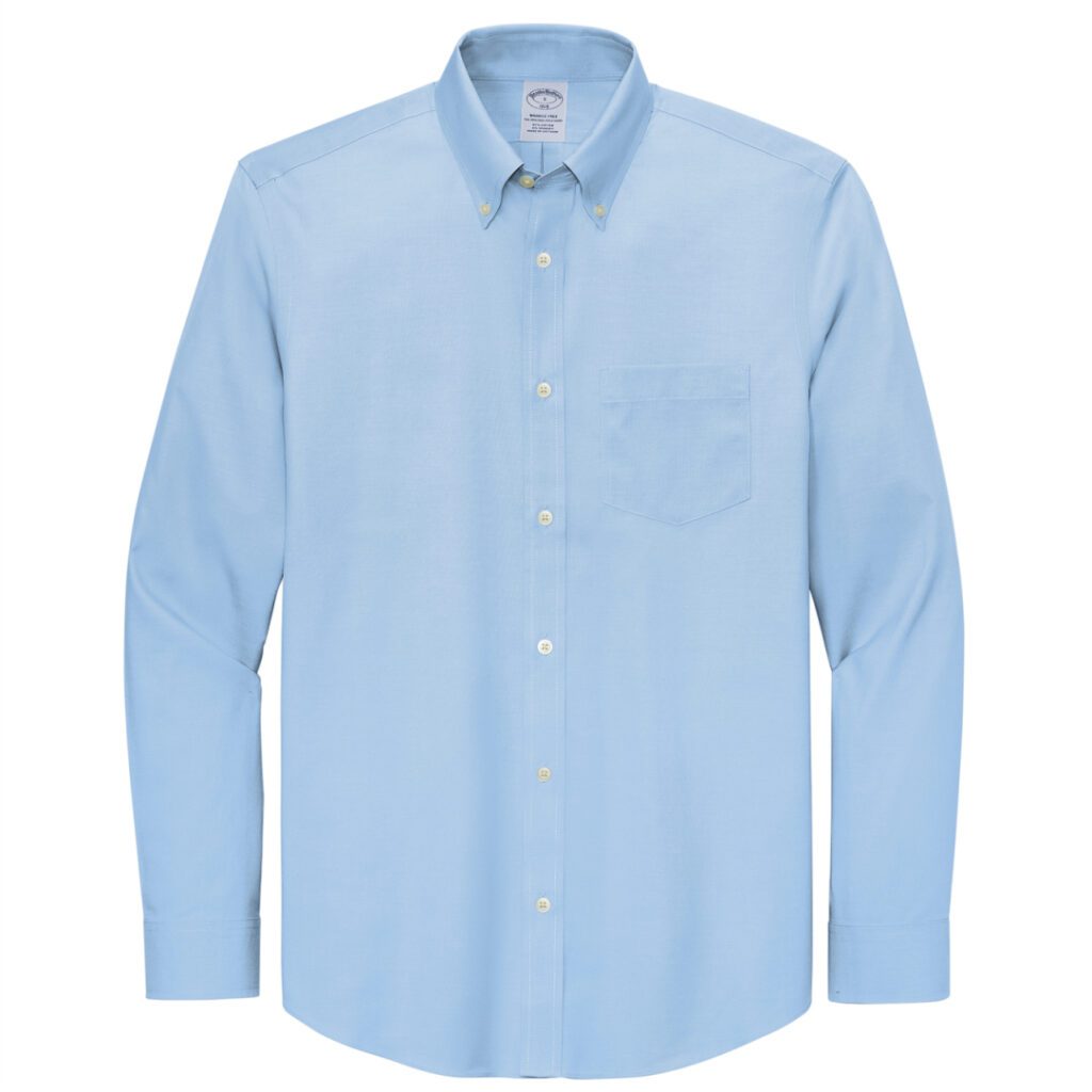 Light blue long-sleeve button-up shirt.