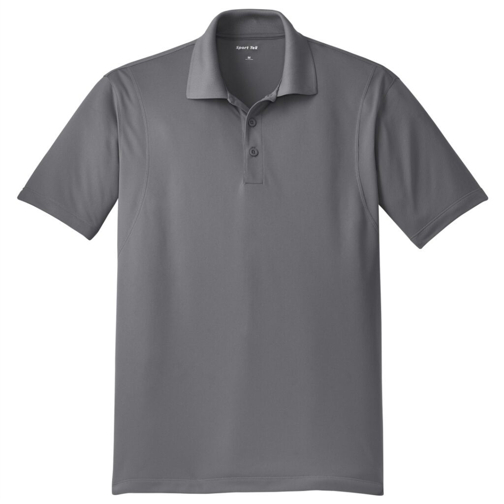 Gray short-sleeve polo shirt on a white background.